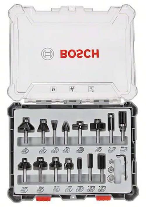 Bosch Sett med fresejern, 15 deler, blandet, 6 mm skaft