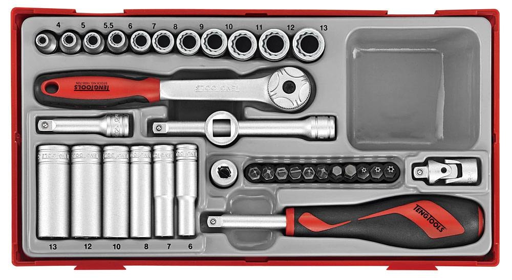 Teng Tools Topnøglesæt med 35 dele. Med 1/4\" firkantfæste TT143512