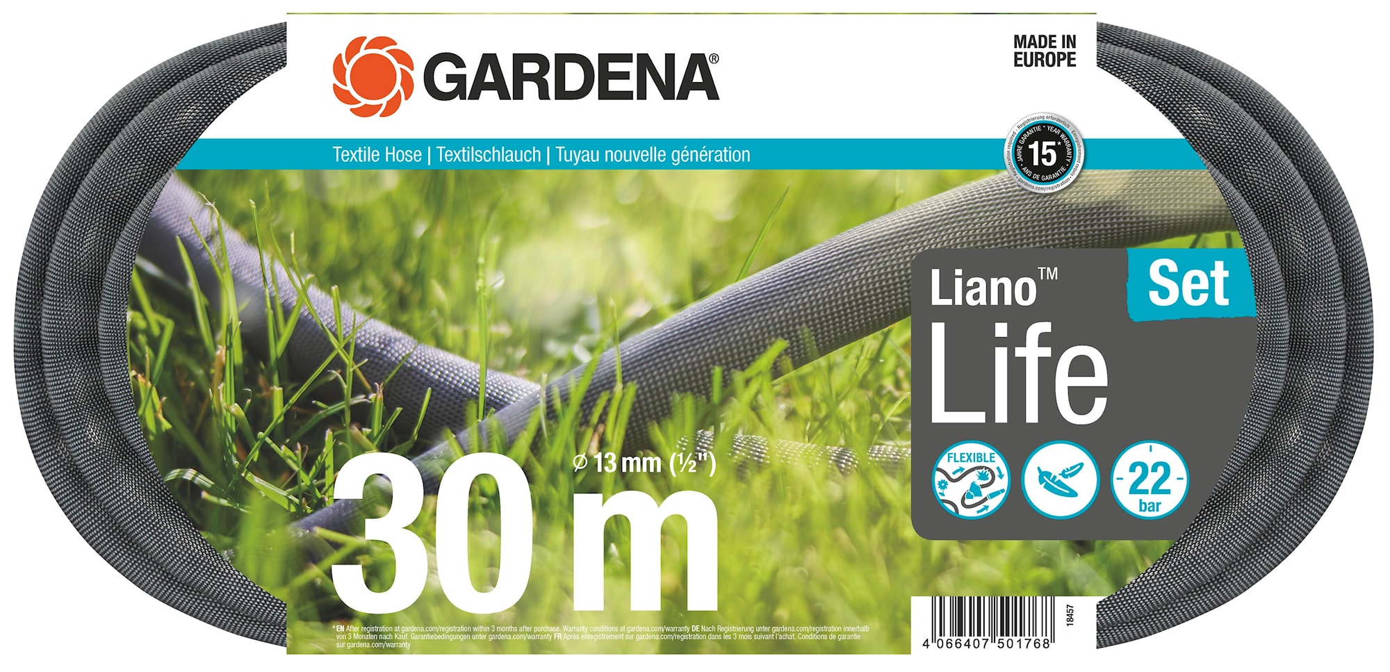 Gardena Tekstiililetku Liano™ Life 30m 1/2" sarja suihkusuuttimella