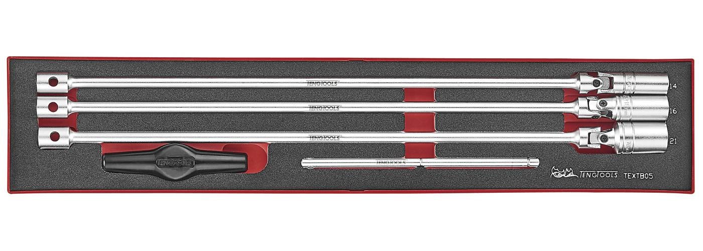 Teng Tools Tændrørstopsæt med 5 dele med ekstra lange toppe med 3/8\" fatning og T-håndtag. TEXTB05