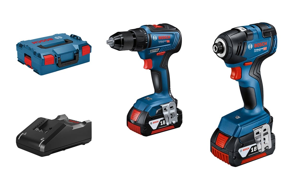 Bosch Työkalupaketti 18V GDR 18V-200/GSR 18V-55, 2x 4,0Ah akku+laturi GAL 18V-40 L-BOXX:issa