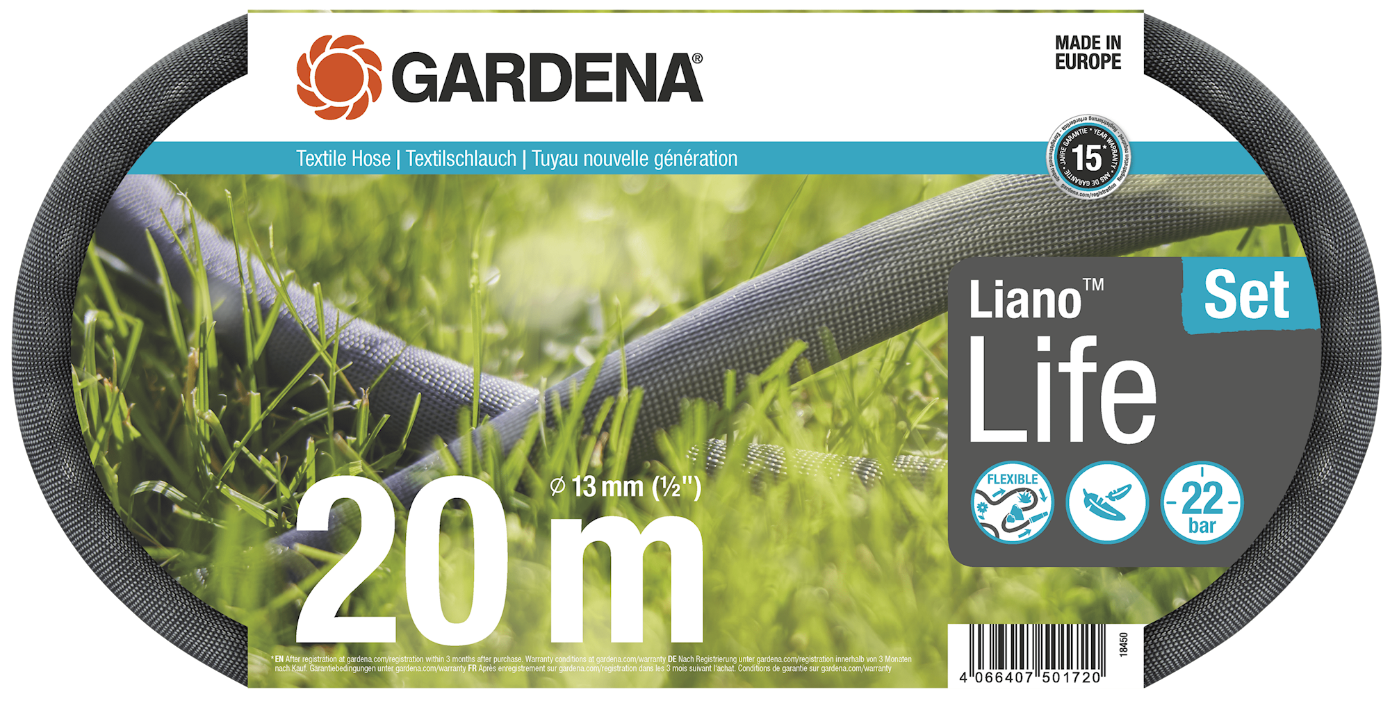 Gardena Textilschlauch Liano™ Life 20m 1/2" Set mit Strahlrohr