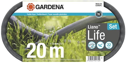 Gardena tekstilslange Liano ™ Life 20m 1/2 "Sæt med bjælkedyse