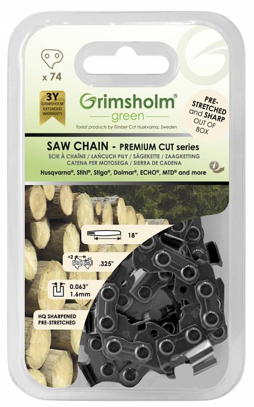 Grimsholm 18" 74dl .325" 1.6mm Premium Cut Motorsågskedja