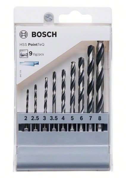 Bosch Metallbohrerset PointTeQ Hex HSS-R 2-8mm, 9 Stück, mit 1/4'' Sechskantaufnahme