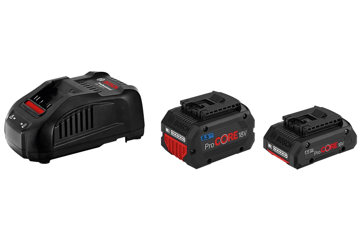 Bosch Aloituspaketti 1 x ProCORE18V 4.0Ah + 1 x ProCORE18V 5.5Ah + GAL 1880 CV Professional kartonkirasiassa, sis. 1 x 4,0 Ah:n ProCORE18V Li-ion-akku