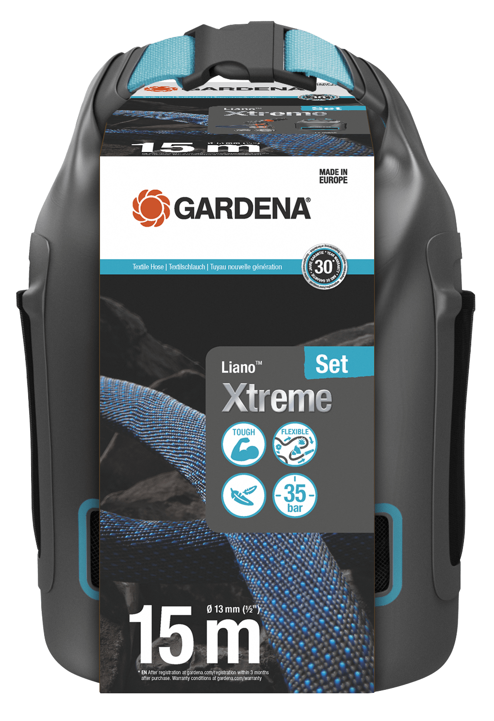 Gardena Liano™ Xtreme Puutarhaletku 15m 1/2" sis. kastelusuutin ja säilytyspussi