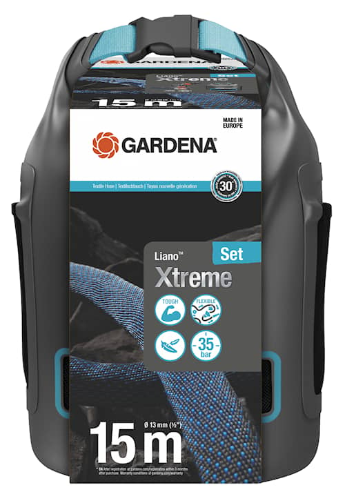 Gardena Textilslang Liano™ Xtreme 15 m 1/2" Set med strålmunstycke och förvaringsväska