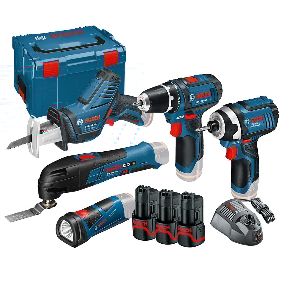 Bosch Professional-sarja: 12 V:n akkukoneet GSA + GSR + GOP + GDR + GLI + 3 x 2,0 Ah:n akkua L-BOXXissa