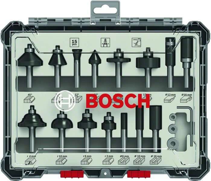 Bosch Bitsæt til fræsejern, 15 dele, blandet, skaft på 1/4"