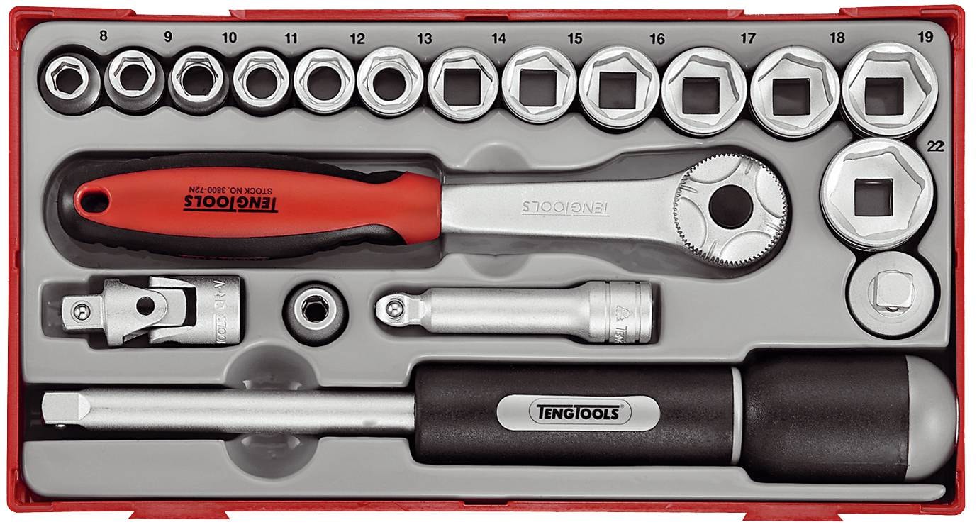 Teng Tools Topnøglesæt med 19 dele. Med 3/8\" firkantfatning TT3819