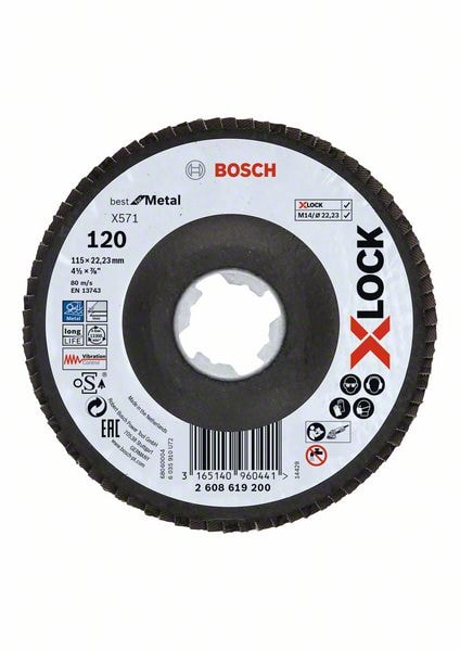 Bosch X-LOCK-lamelslibeskive, vinklet version, fiberplade, 115 mm, G 80, X571, Best for Metal, 1 stk.