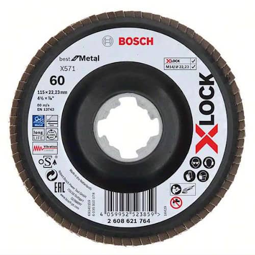 Bosch X-LOCK-lamelslibeskiver, vinklet udførsel, på bæreskive i kunststof og en diameter på 115 mm, G 60, X571, Best for Metal, 1 stk.