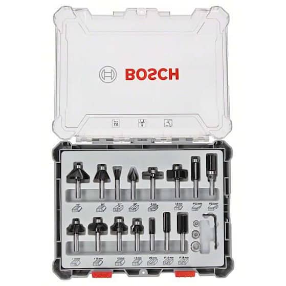 Bosch Sett med fresejern, 15 deler, blandet, 8 mm skaft