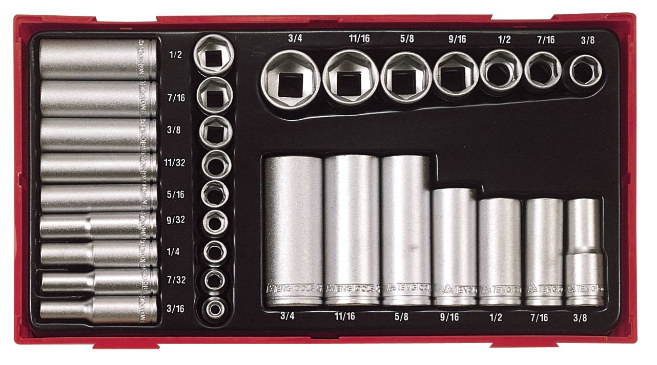 Teng Tools 32-osainen hylsysarja. Nelikulmainen 1/4\"- ja 3/8\"-kiinnitys TTAF32