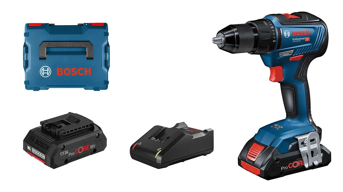 Bosch Bohrschrauber GSR 18V-55 mit 2x 4,0Ah ProCORE-Akkus und Ladegerät GAL 18V-40 in L-BOXX