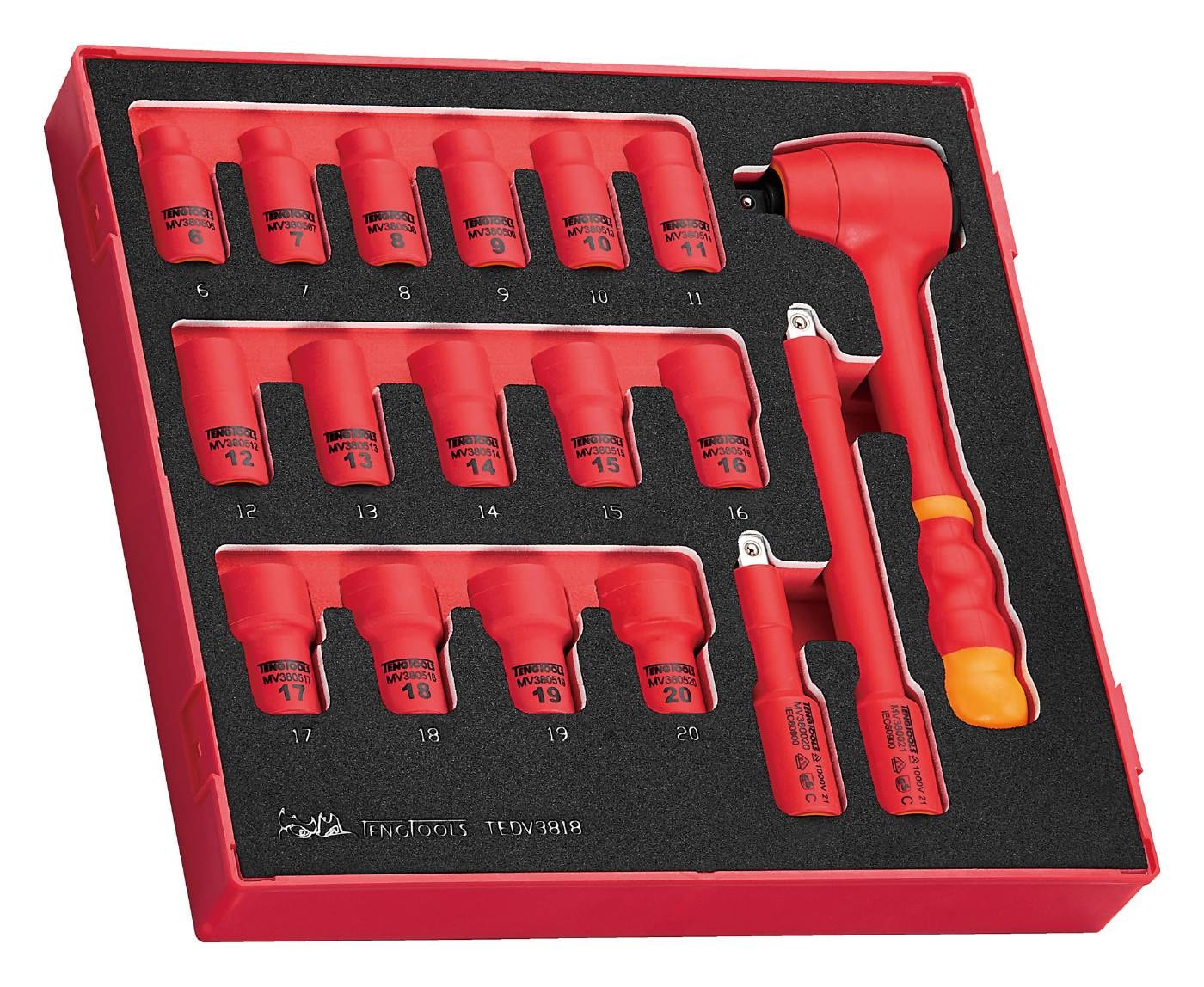 Teng Tools Topnøglesæt med 18 dele og 3/8\" firkantsfæste. TEDV3818 1000 V