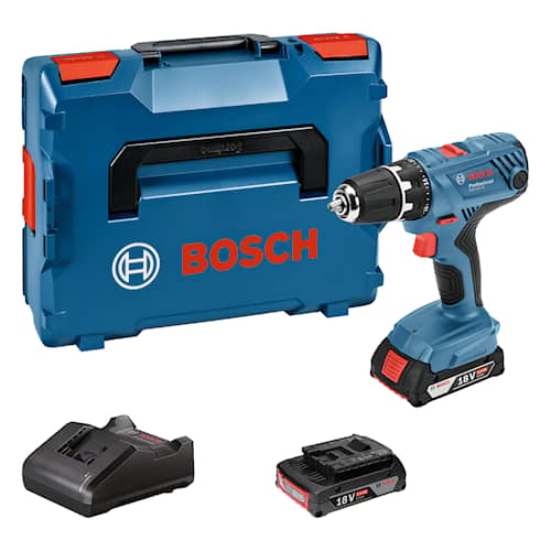 Bosch GSR 18V-21 bore-/skruemaskine med 2 x 2,0 Ah batteri og lader L-CASE