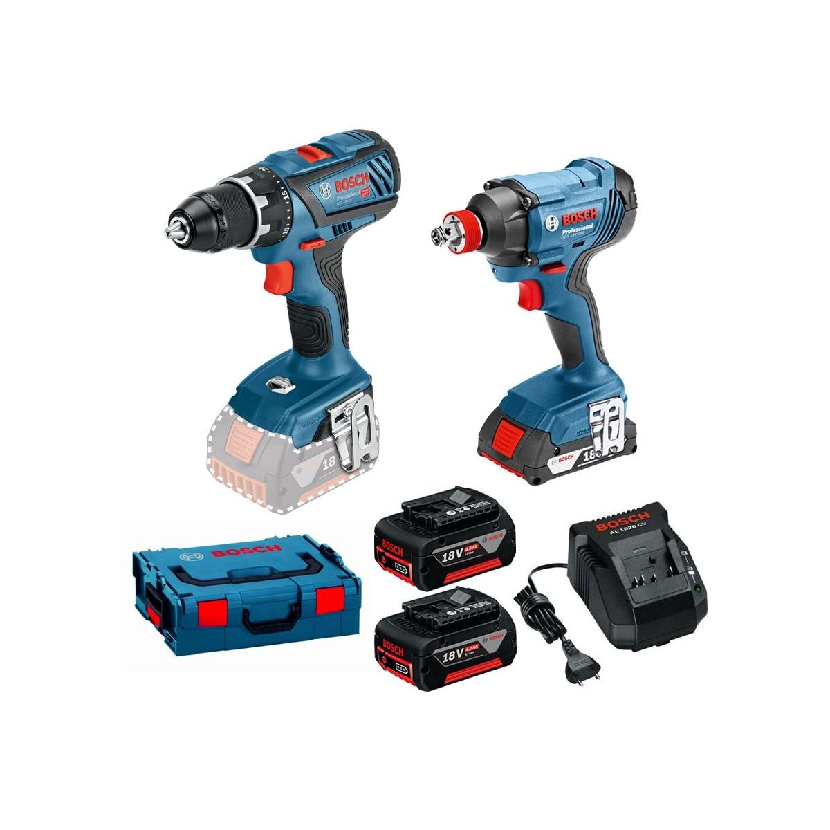 Bosch Professional-sarja: akkuruuvinväännin GSR 18V-28 + akkuiskumutterinväännin GDX 18V-180 + 2 x GBA 18V 4.0Ah + 1 x GAL 18V-40 L-BOXXissa