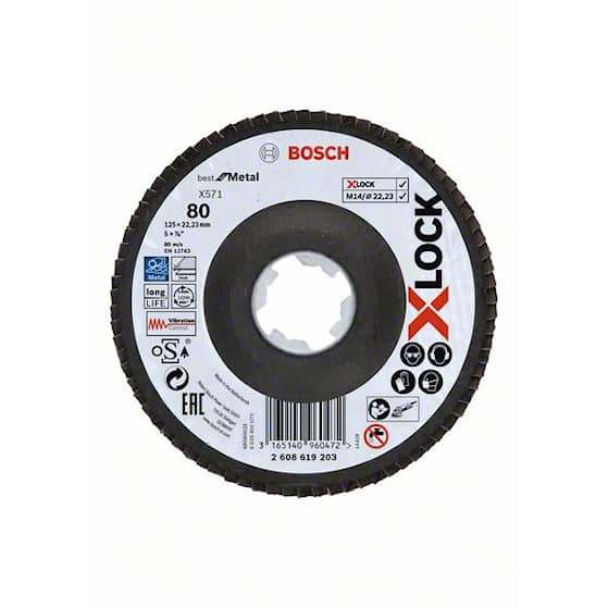 Bosch X-LOCK-lamelslibeskiver, vinklet udførsel, på bæreskive i kunststof og en diameter på 125 mm, X571, Best for Metal, 1 stk.