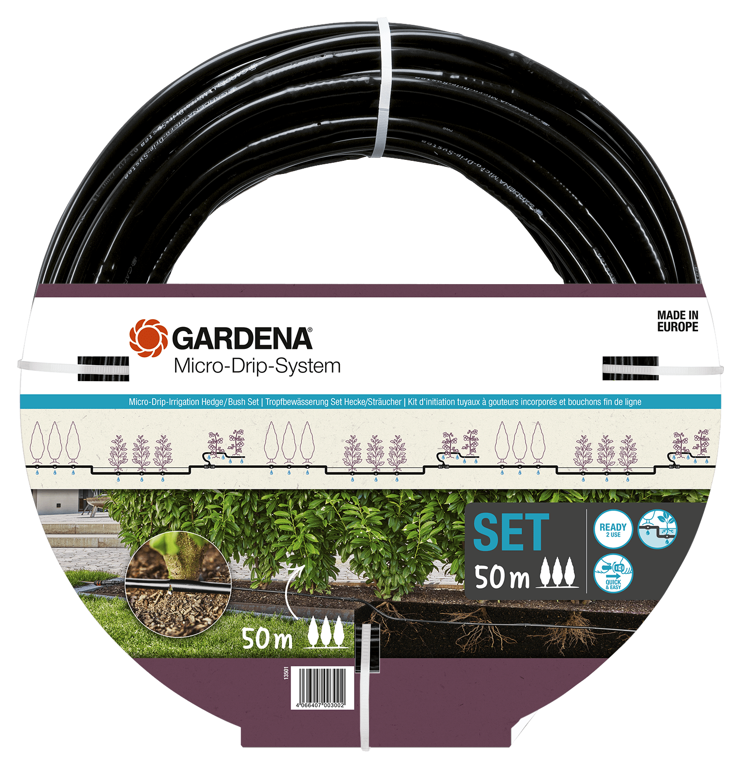 Gardena Set Tropfschlauch 50m für Büsche / Hecken komplett