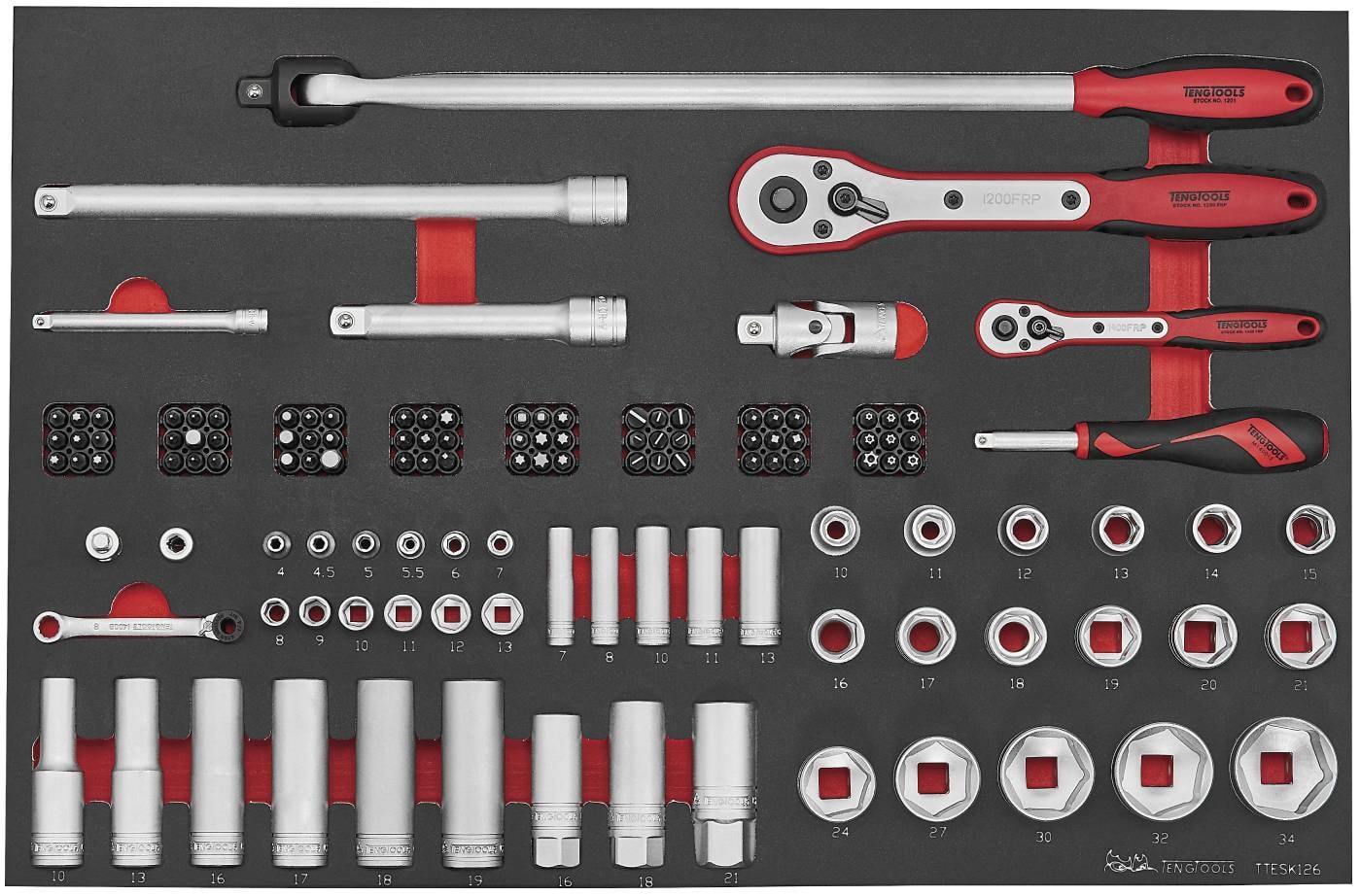 Teng Tools Topnøglesæt med 126 dele med 1/4\" og 1/2\" firkantfatning TTESK126