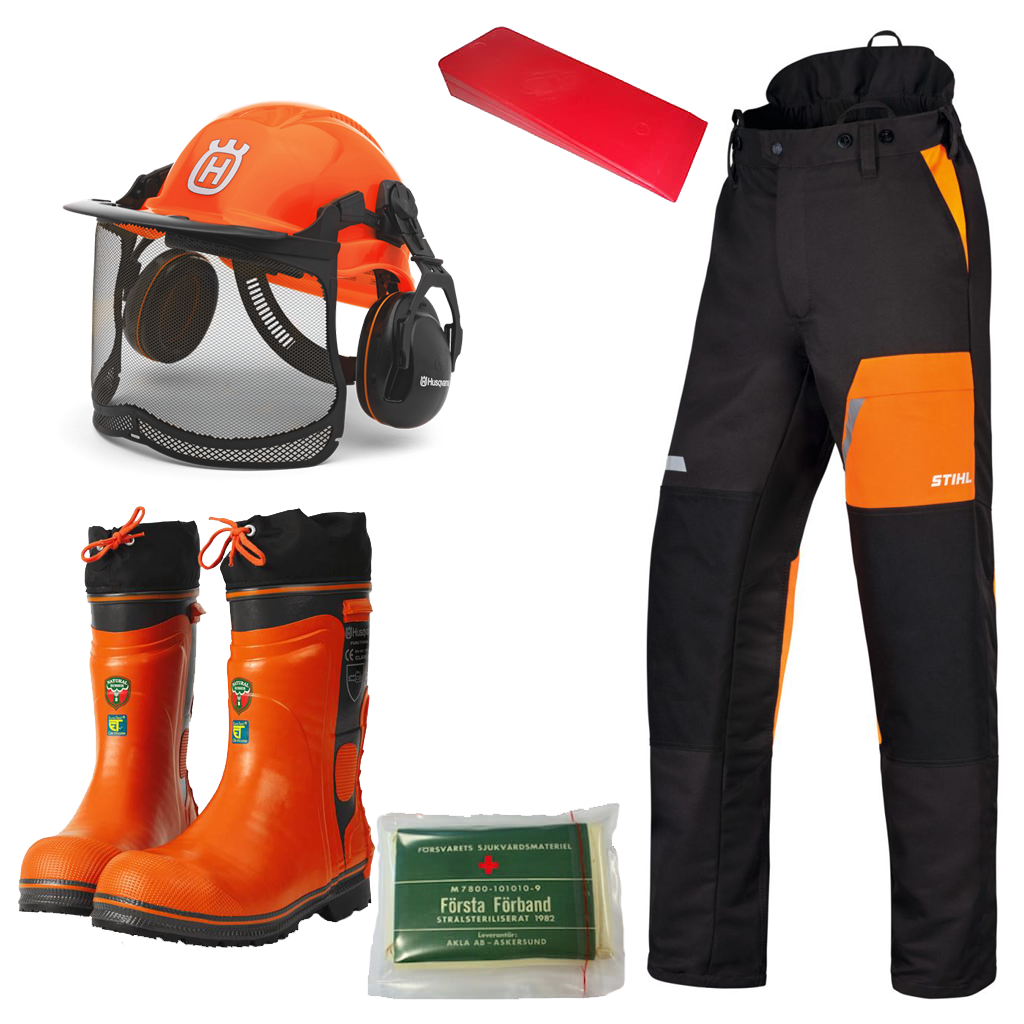 Metsurin paketti, sis.  muun muassa housut, saappaat, kypärä.