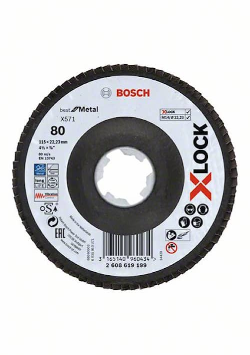 Bosch X-LOCK-lamellslipeskiver, vinklet modell, fiberplate, Ø115 mm, G 80, X571, Best for Metal, 1 stk.