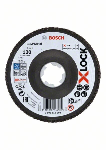 Bosch X-LOCK-lamelslibeskiver, vinklet udførsel, på bæreskive i kunststof og en diameter på 125 mm, G 1200, X571, Best for Metal, 1 stk.