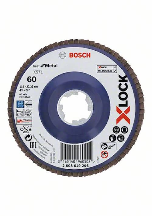 Bosch X-LOCK-rondelslibeskiver, lige version, med plastbundplade og en diameter på 115 mm, G 60, X571, Best for Metal, 1 stk.