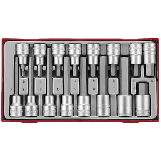 Teng Tools 16-osainen sarja kuusiotteisia hylsykärkiä. Nelikulmainen 1/2\"-kiinnitys. TTHEX16