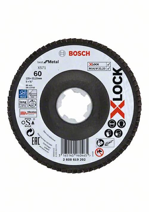 Bosch X-LOCK-lamelslibeskiver, vinklet udførsel, på bæreskive i kunststof og en diameter på 125 mm, G 60, X571, Best for Metal, 1 stk.