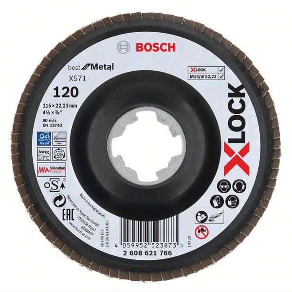 Bosch X-LOCK-lamellilaikka X571 Best for Metal, taivutettu, muovitausta, 115 x 22,23 mm, K 60