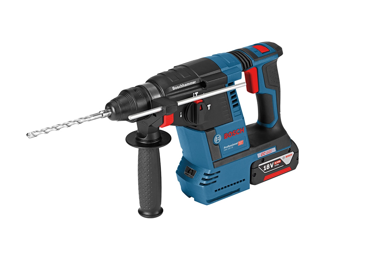 Bosch Batteridrevet borehammer med SDS plus GBH 18V-26 Professional i transportkuffert med 2 x 6,0 Ah lithium-ion-batterier, ekstrahåndgreb