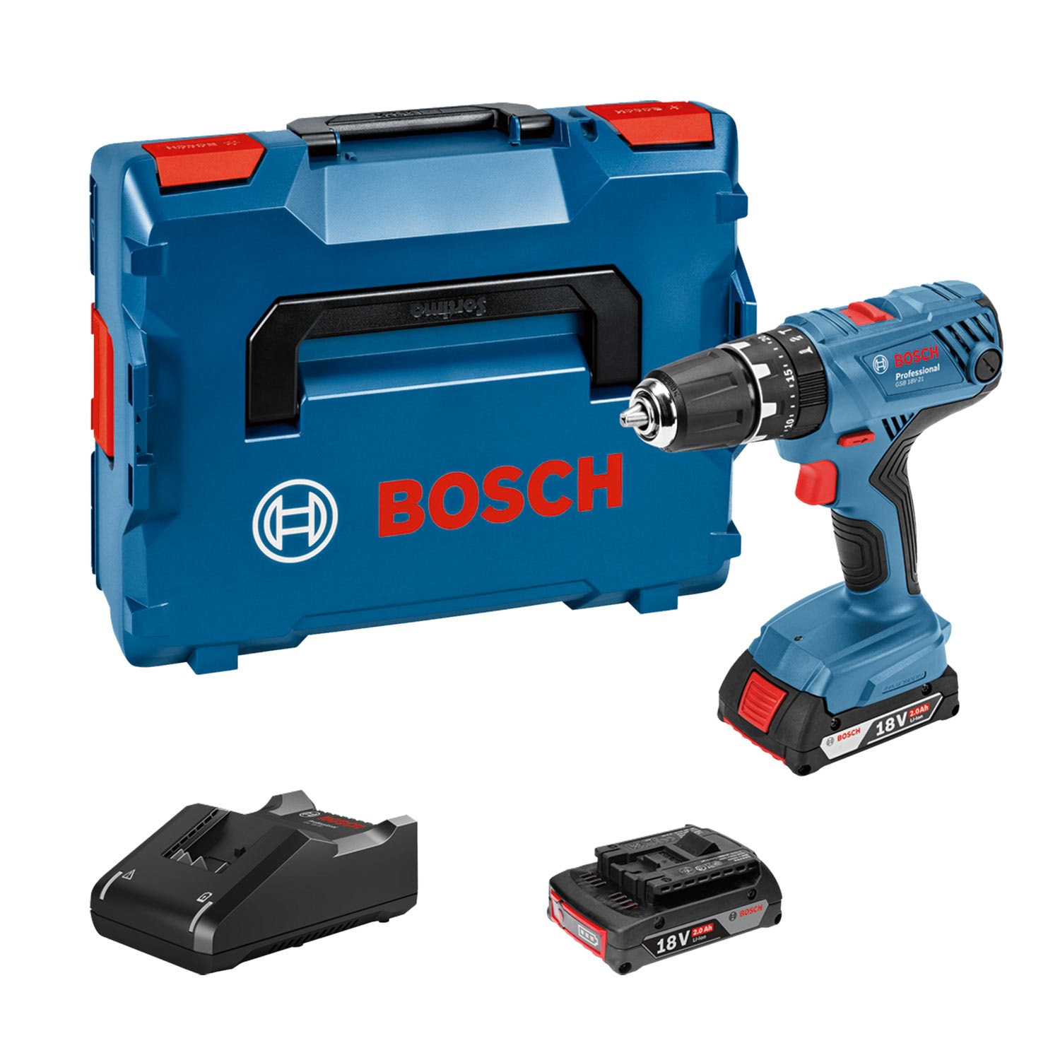 Bosch Schlagbohrmaschine GSB 18V-21 mit 2x 2,0Ah Akkus und Ladegerät GAL18V-40 in L-BOXX