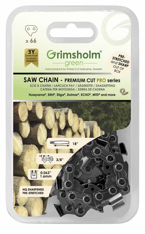 Grimsholm 18" 66 dl 3/8" 1.6mm Premium Cut Pro Motorsågskedja