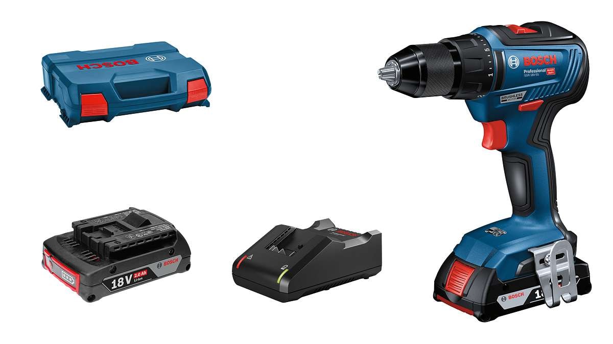 Bosch Akkuporakone/ruuvinväännin GSR 18V-55 Professional sis. 2 x 2,0 Ah:n Li-Ion-akkua
